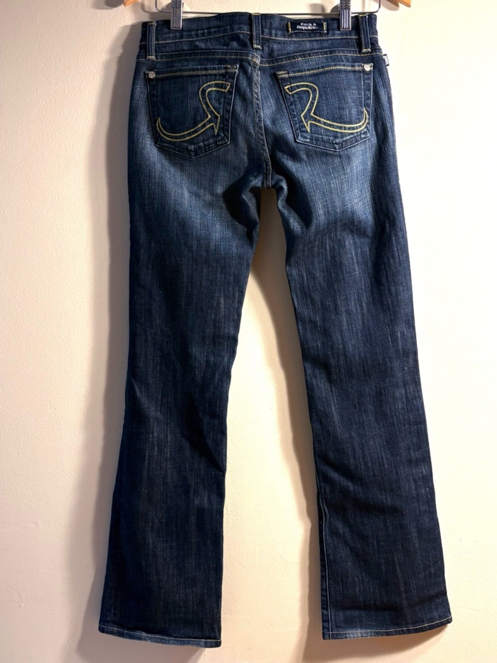 Rock & Republic Kiedis Bootcut Jeans Dark Wash Y2K Yellow Stitch Low Rise SZ 27.